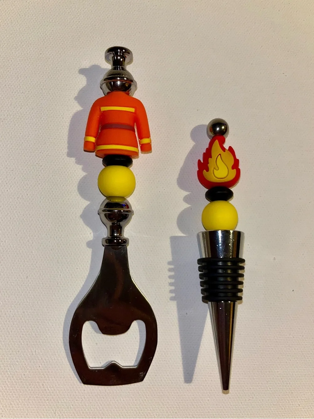 Novelty Firefighter Bottle Opener and Wine Stopper Set - Orange and Yellow